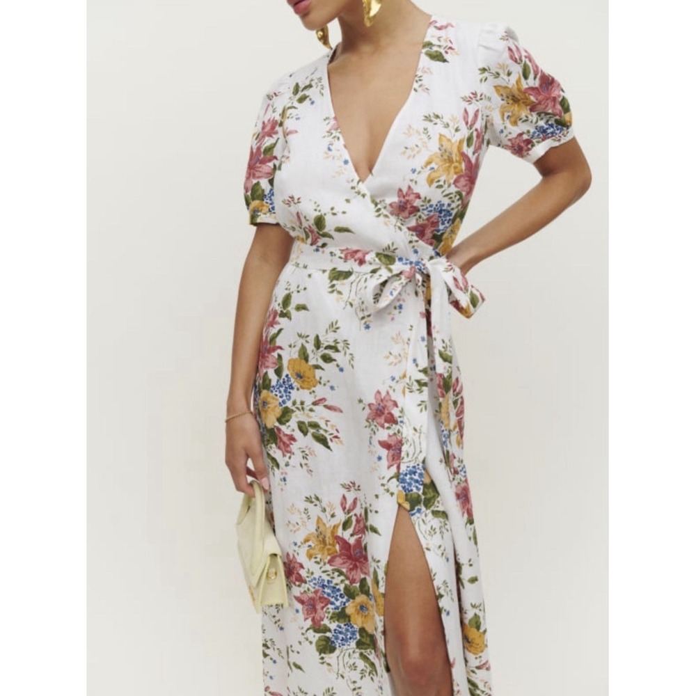 Reformation Weiss Linen Floral Wrap Dress in Chantilly Sz L NWOT - Picture 2 of 8